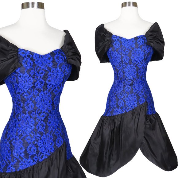 Vintage 80s Black Blue LACE Full Skirt Mermaid Prom Party Dress XS